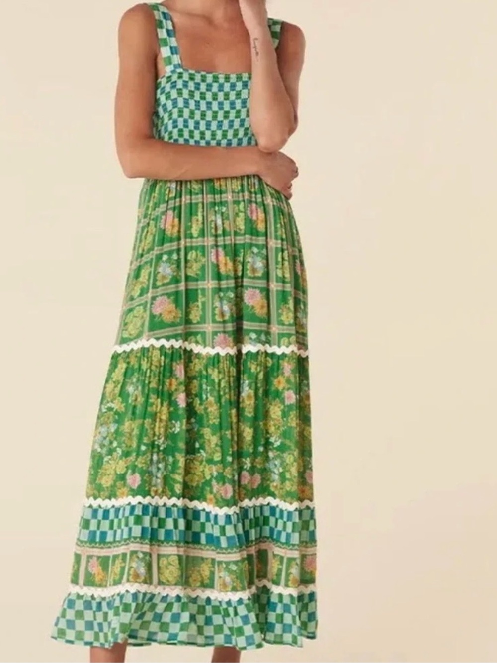 Spell "Flora" Strappy Maxi Dress featuring a vibrant green floral print Size XS
